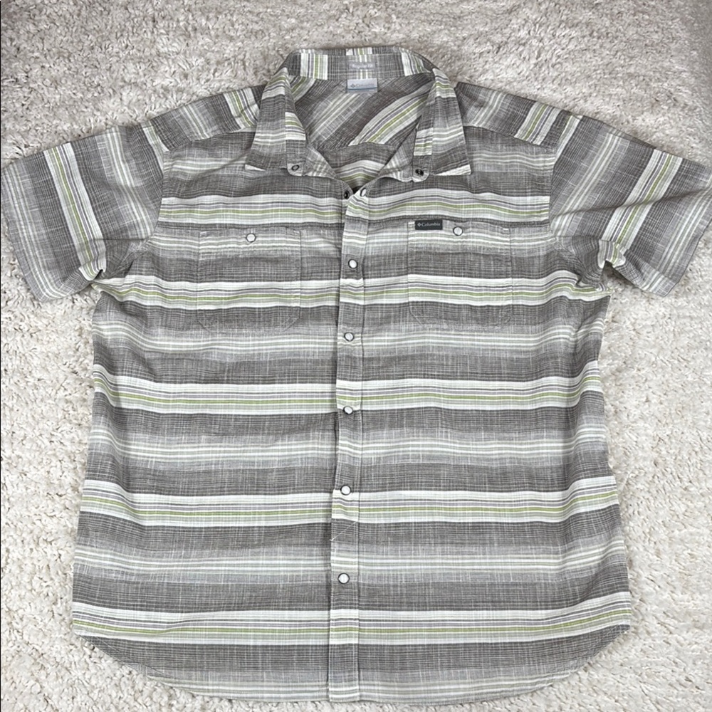 Columbia Men's Gray/ White/Purple/Green Striped Shirt, Pearl Snaps, Size XXL
